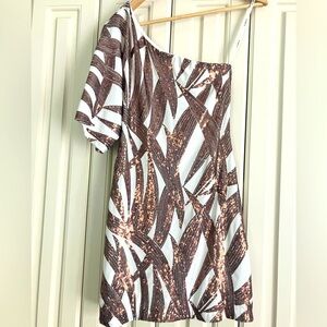 B. Darlin White One Sleeved Body-con Mini Dress Bronze Sequins Size 7/8